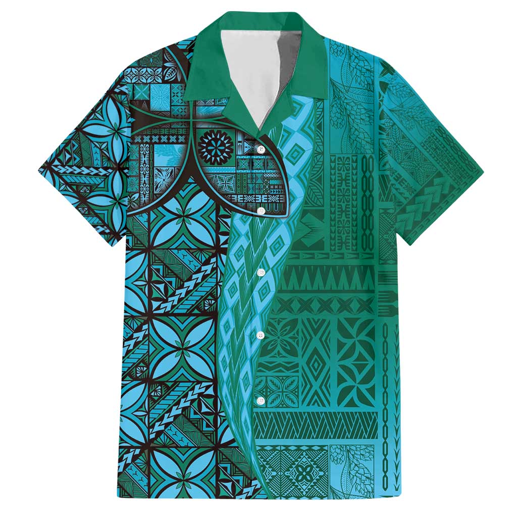 Samoan Pacific Tribal Flower Geometric Art Tattoos Family Matching Short Sleeve Bodycon Dress and Hawaiian Shirt Siapo Pattern Turquoise Tide - Polynesian Pride