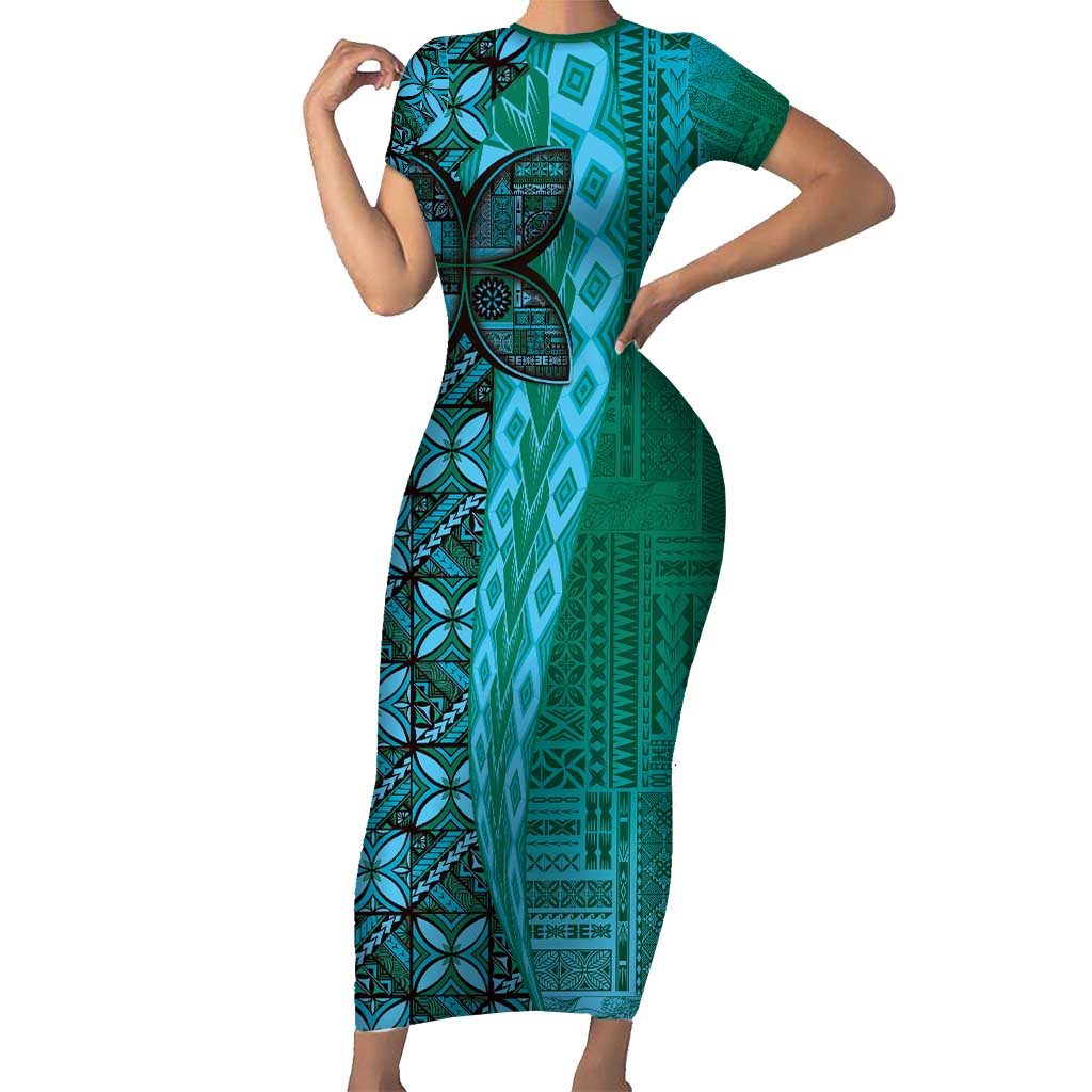 Samoan Pacific Tribal Flower Geometric Art Tattoos Family Matching Short Sleeve Bodycon Dress and Hawaiian Shirt Siapo Pattern Turquoise Tide - Polynesian Pride