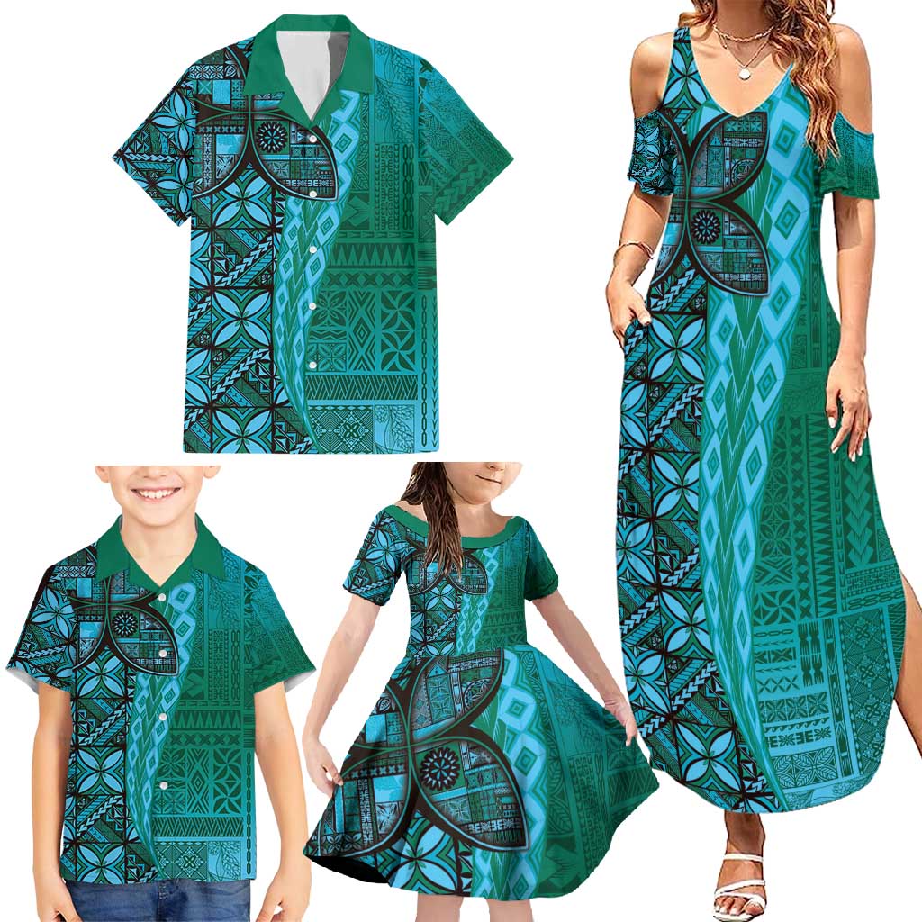 Samoan Pacific Tribal Flower Geometric Art Tattoos Family Matching Summer Maxi Dress and Hawaiian Shirt Siapo Pattern Turquoise Tide - Polynesian Pride