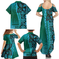 Samoan Pacific Tribal Flower Geometric Art Tattoos Family Matching Summer Maxi Dress and Hawaiian Shirt Siapo Pattern Turquoise Tide - Polynesian Pride