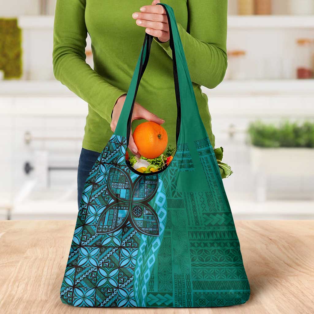 Samoan Pacific Tribal Flower Geometric Art Tattoos Grocery Bag Siapo Pattern Turquoise Tide - Polynesian Pride