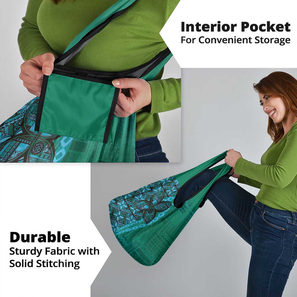 Samoan Pacific Tribal Flower Geometric Art Tattoos Grocery Bag Siapo Pattern Turquoise Tide - Polynesian Pride