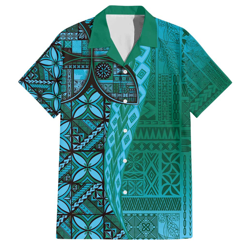 Samoan Pacific Tribal Flower Geometric Art Tattoos Hawaiian Shirt Siapo Pattern Turquoise Tide - Polynesian Pride
