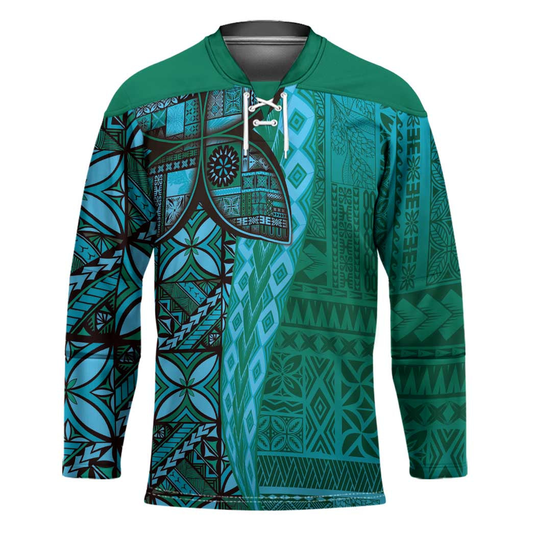 Samoan Pacific Tribal Flower Geometric Art Tattoos Hockey Jersey Siapo Pattern Turquoise Tide - Polynesian Pride