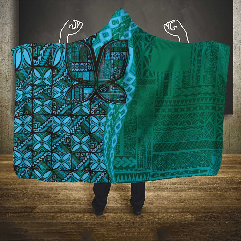 Samoan Pacific Tribal Flower Geometric Art Tattoos Hooded Blanket Siapo Pattern Turquoise Tide - Polynesian Pride