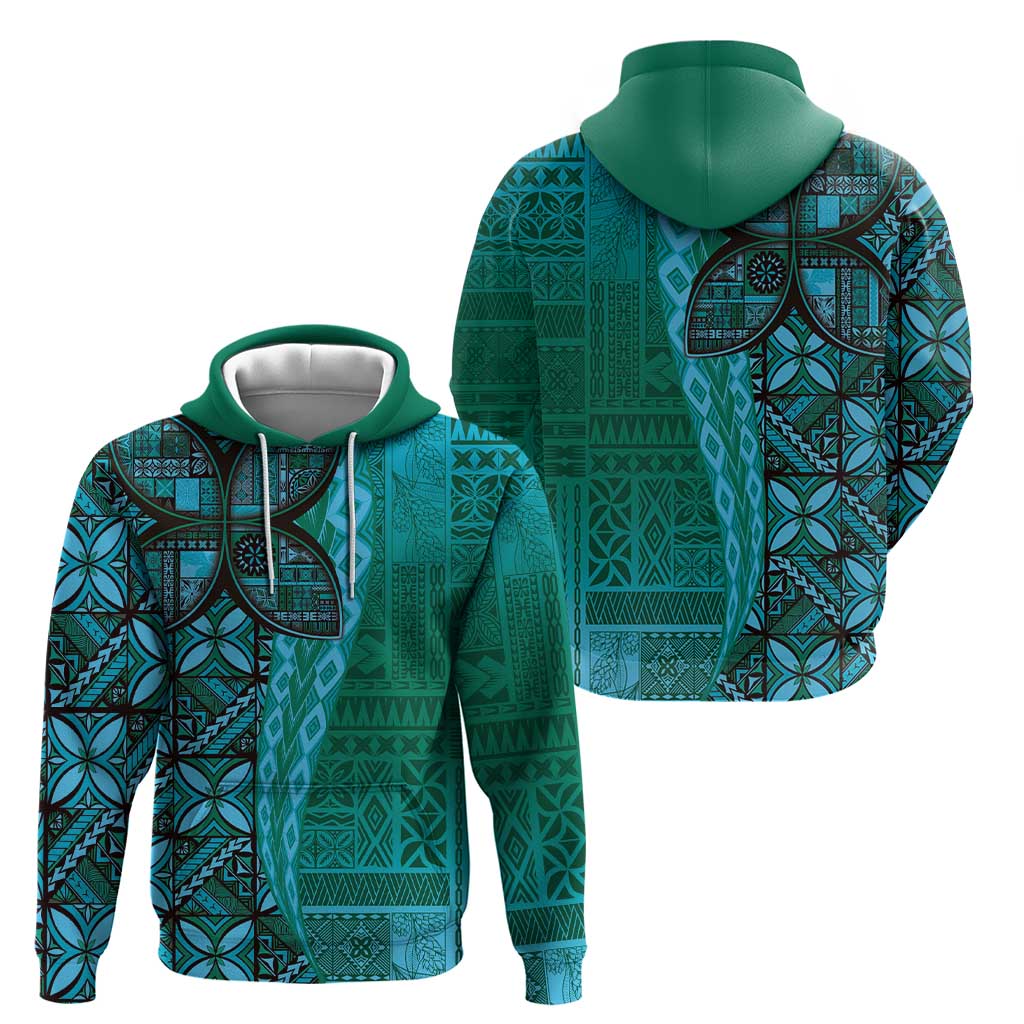Samoan Pacific Tribal Flower Geometric Art Tattoos Hoodie Siapo Pattern Turquoise Tide - Polynesian Pride