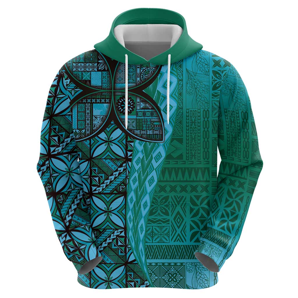 Samoan Pacific Tribal Flower Geometric Art Tattoos Hoodie Siapo Pattern Turquoise Tide - Polynesian Pride