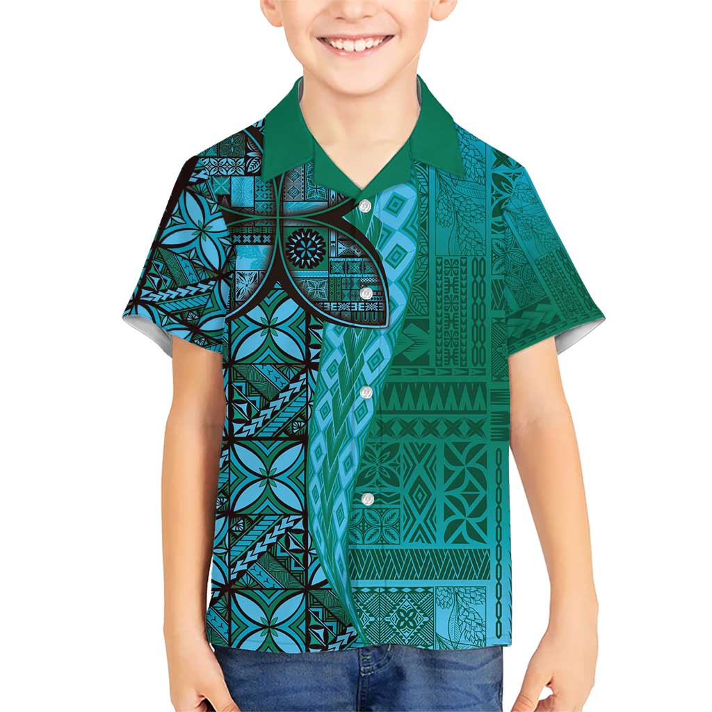 Samoan Pacific Tribal Flower Geometric Art Tattoos Kid Hawaiian Shirt Siapo Pattern Turquoise Tide - Polynesian Pride