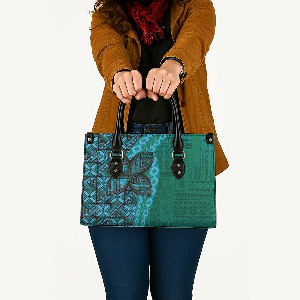 Samoan Pacific Tribal Flower Geometric Art Tattoos Leather Bag Siapo Pattern Turquoise Tide - Polynesian Pride
