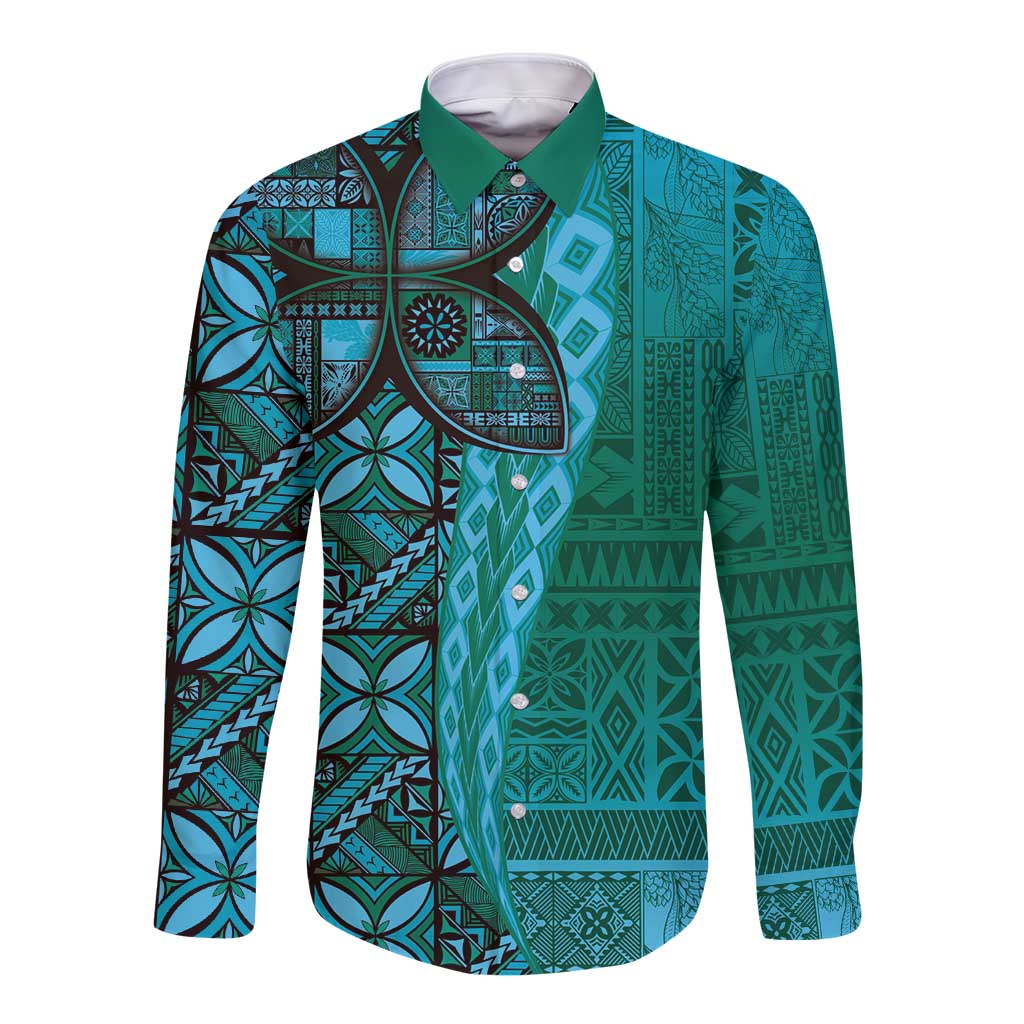 Samoan Pacific Tribal Flower Geometric Art Tattoos Long Sleeve Button Shirt Siapo Pattern Turquoise Tide - Polynesian Pride
