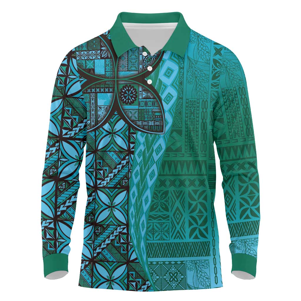 Samoan Pacific Tribal Flower Geometric Art Tattoos Long Sleeve Polo Shirt Siapo Pattern Turquoise Tide - Polynesian Pride