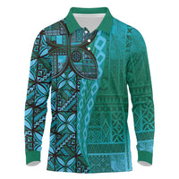 Samoan Pacific Tribal Flower Geometric Art Tattoos Long Sleeve Polo Shirt Siapo Pattern Turquoise Tide - Polynesian Pride