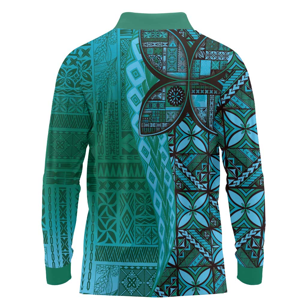 Samoan Pacific Tribal Flower Geometric Art Tattoos Long Sleeve Polo Shirt Siapo Pattern Turquoise Tide - Polynesian Pride