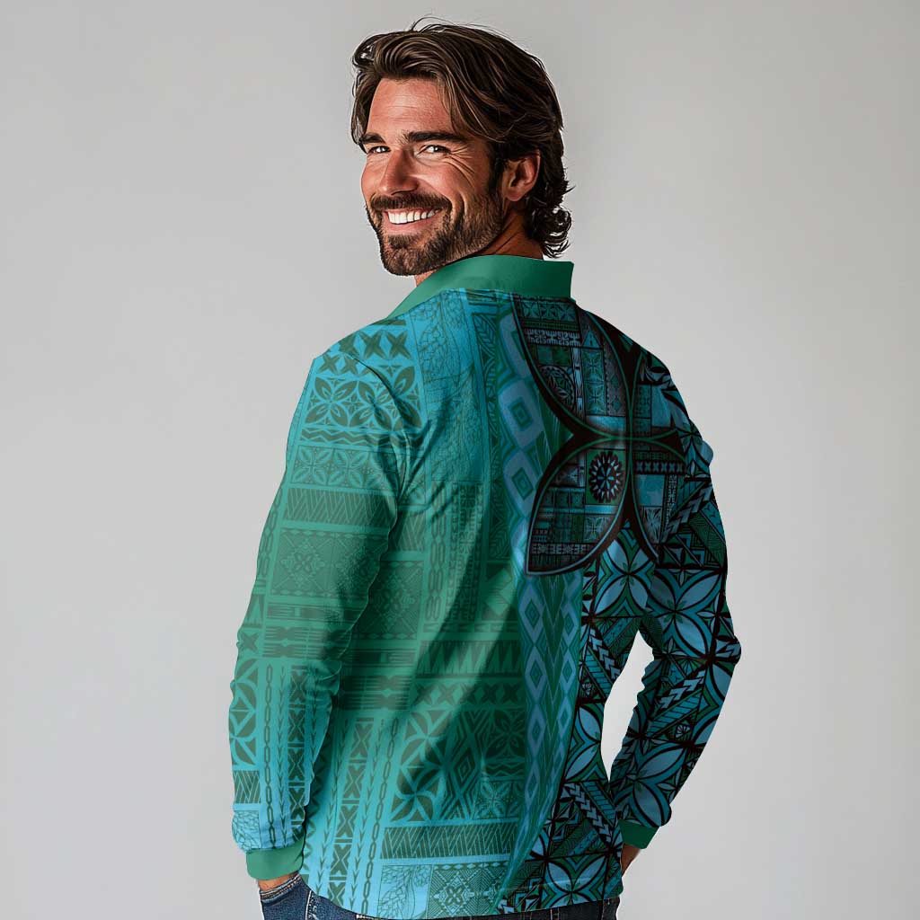 Samoan Pacific Tribal Flower Geometric Art Tattoos Long Sleeve Polo Shirt Siapo Pattern Turquoise Tide - Polynesian Pride