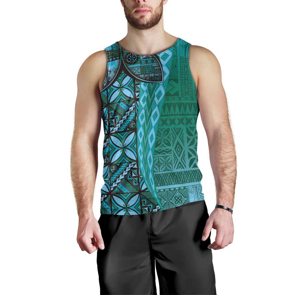 Samoan Pacific Tribal Flower Geometric Art Tattoos Men Tank Top Siapo Pattern Turquoise Tide - Polynesian Pride