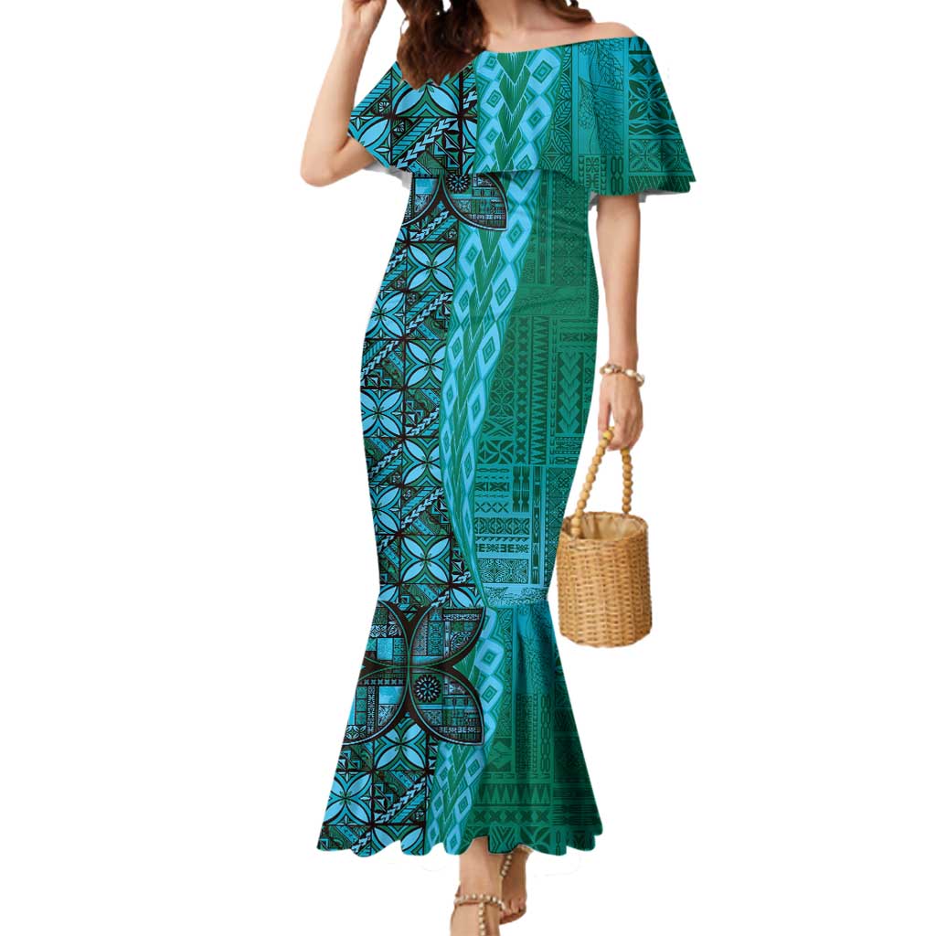 Samoan Pacific Tribal Flower Geometric Art Tattoos Mermaid Dress Siapo Pattern Turquoise Tide - Polynesian Pride