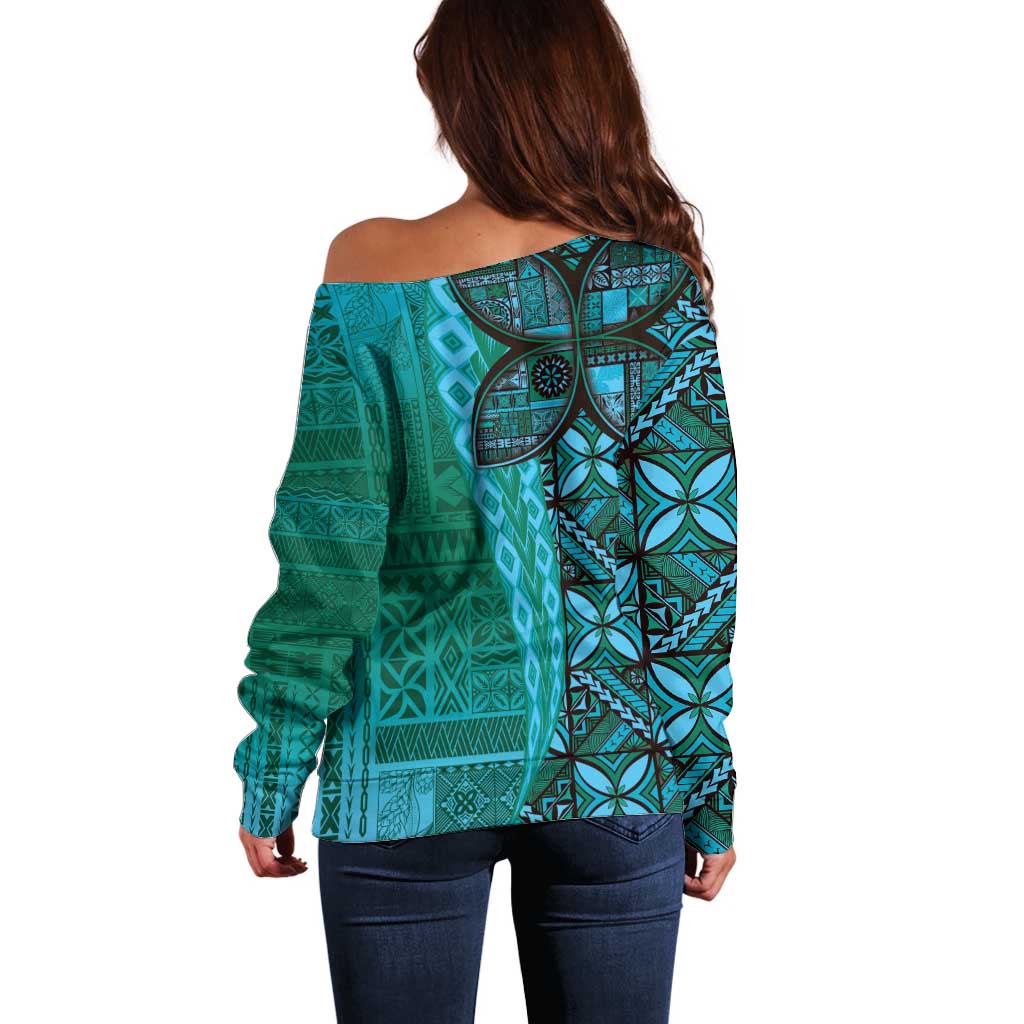 Samoan Pacific Tribal Flower Geometric Art Tattoos Off Shoulder Sweater Siapo Pattern Turquoise Tide - Polynesian Pride