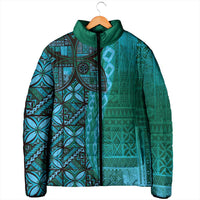 Samoan Pacific Tribal Flower Geometric Art Tattoos Padded Jacket Siapo Pattern Turquoise Tide - Polynesian Pride