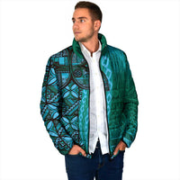 Samoan Pacific Tribal Flower Geometric Art Tattoos Padded Jacket Siapo Pattern Turquoise Tide - Polynesian Pride