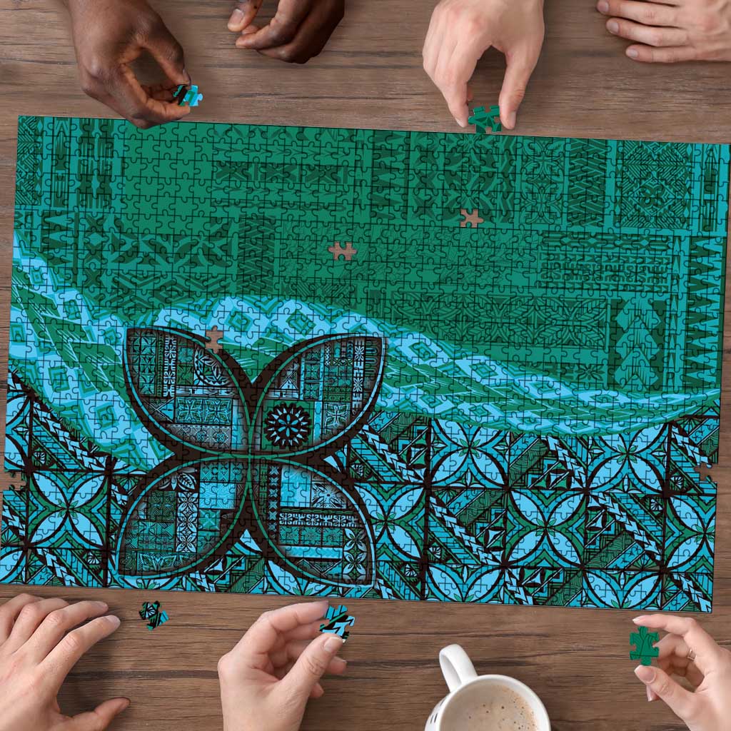 Samoan Pacific Tribal Flower Geometric Art Tattoos Puzzle Siapo Pattern Turquoise Tide - Polynesian Pride