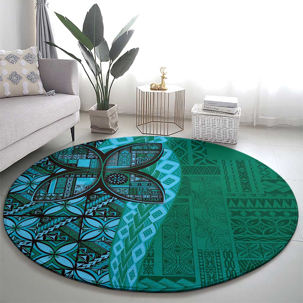 Samoan Pacific Tribal Flower Geometric Art Tattoos Round Carpet Siapo Pattern Turquoise Tide - Polynesian Pride