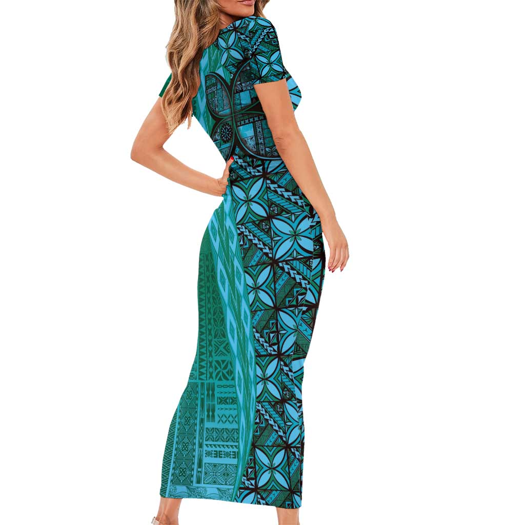 Samoan Pacific Tribal Flower Geometric Art Tattoos Short Sleeve Bodycon Dress Siapo Pattern Turquoise Tide LT03 - Polynesian Pride