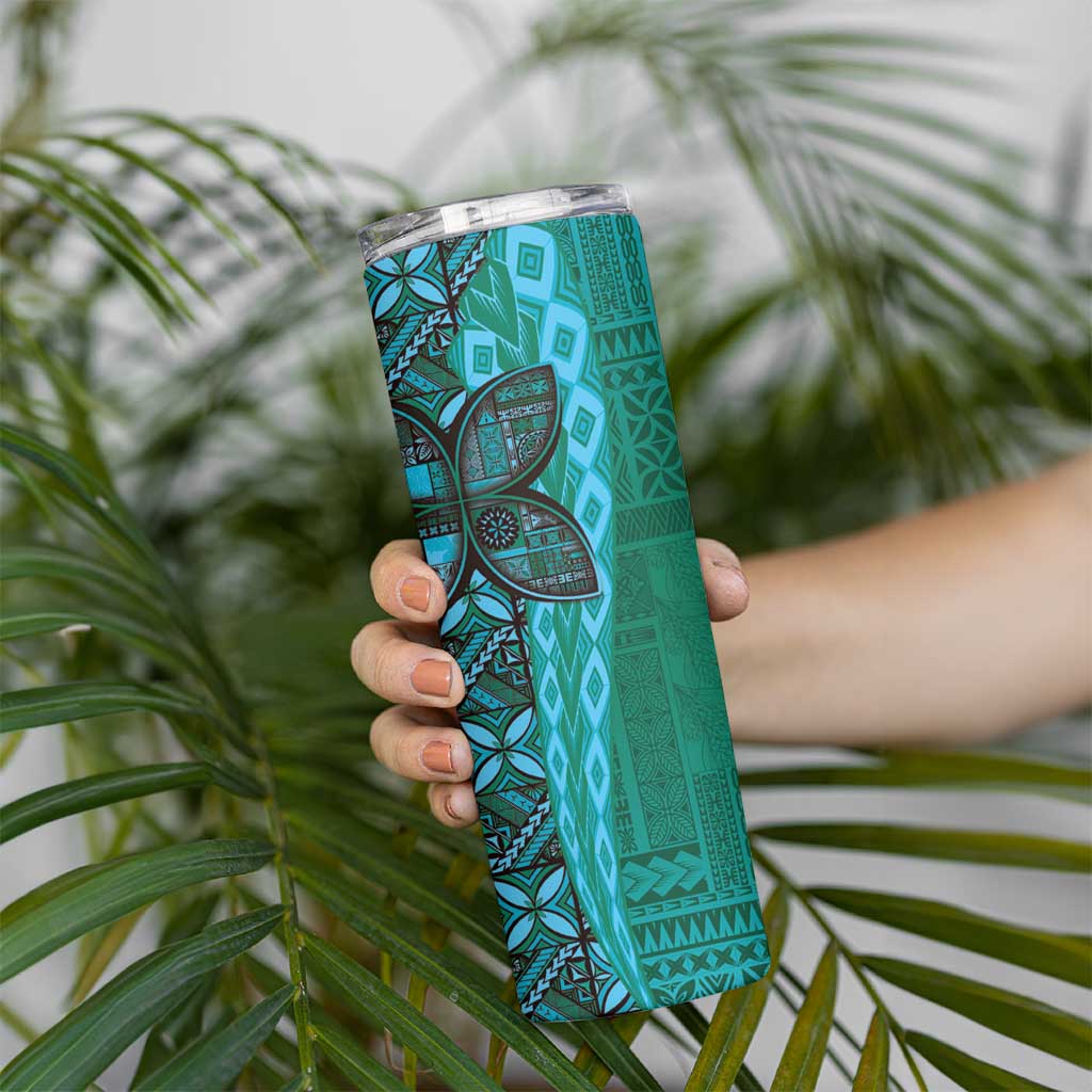 Samoan Pacific Tribal Flower Geometric Art Tattoos Skinny Tumbler Siapo Pattern Turquoise Tide - Polynesian Pride
