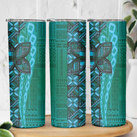 Samoan Pacific Tribal Flower Geometric Art Tattoos Skinny Tumbler Siapo Pattern Turquoise Tide - Polynesian Pride