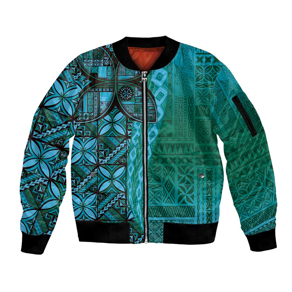 Samoan Pacific Tribal Flower Geometric Art Tattoos Sleeve Zip Bomber Jacket Siapo Pattern Turquoise Tide - Polynesian Pride