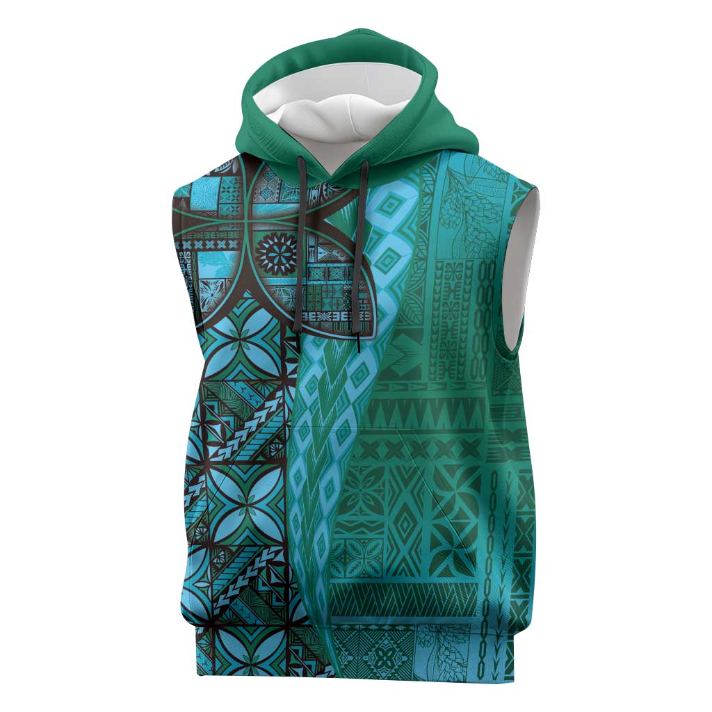 Samoan Pacific Tribal Flower Geometric Art Tattoos Sleeveless Hoodie Siapo Pattern Turquoise Tide - Polynesian Pride