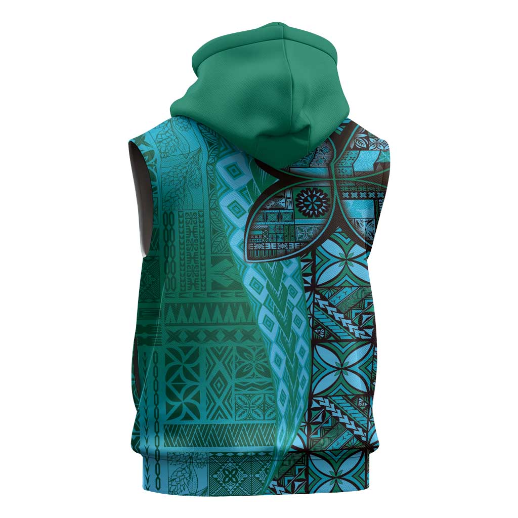 Samoan Pacific Tribal Flower Geometric Art Tattoos Sleeveless Hoodie Siapo Pattern Turquoise Tide - Polynesian Pride