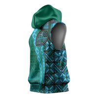 Samoan Pacific Tribal Flower Geometric Art Tattoos Sleeveless Hoodie Siapo Pattern Turquoise Tide - Polynesian Pride