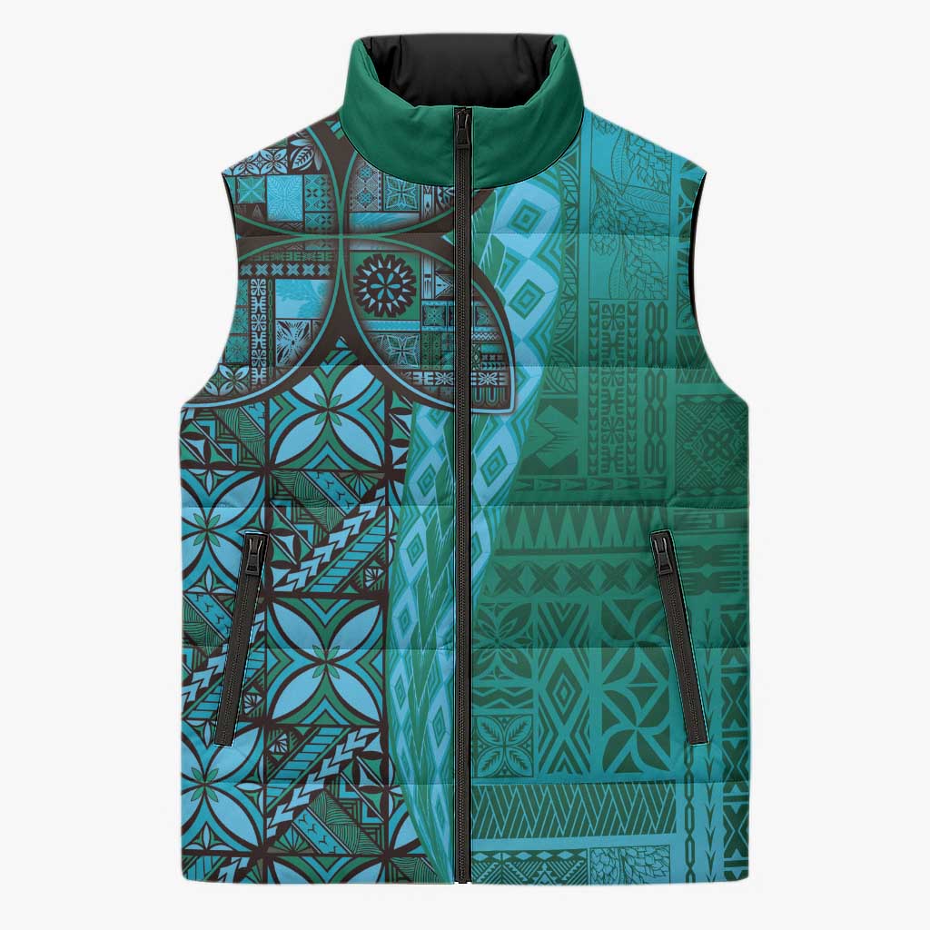 Samoan Pacific Tribal Flower Geometric Art Tattoos Sleeveless Puffer Jacket Siapo Pattern Turquoise Tide - Polynesian Pride