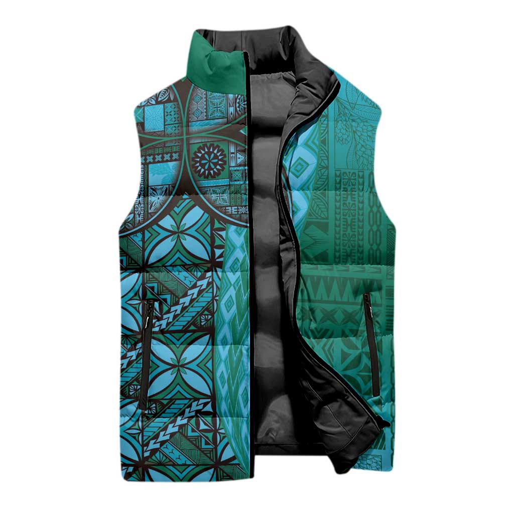 Samoan Pacific Tribal Flower Geometric Art Tattoos Sleeveless Puffer Jacket Siapo Pattern Turquoise Tide - Polynesian Pride