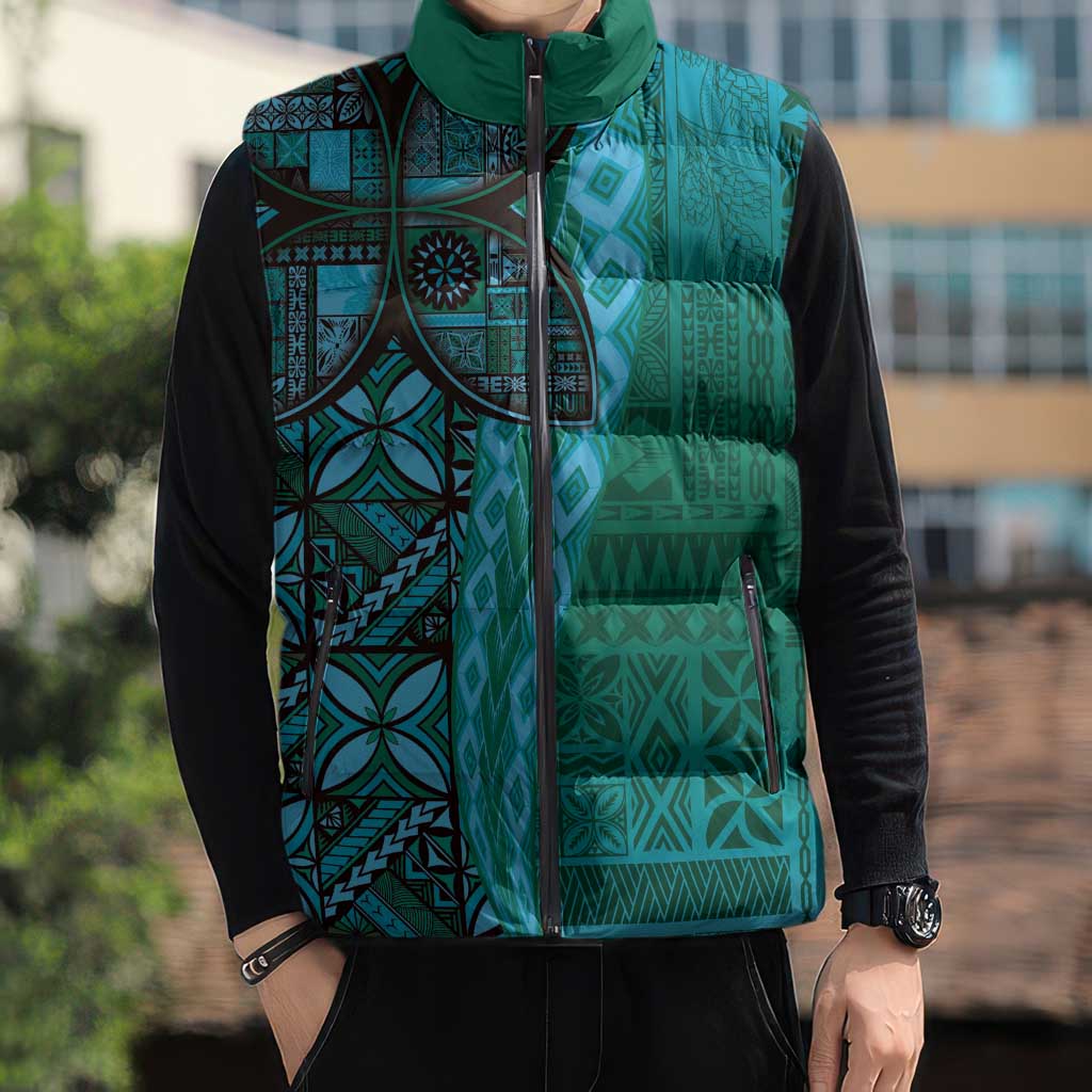 Samoan Pacific Tribal Flower Geometric Art Tattoos Sleeveless Puffer Jacket Siapo Pattern Turquoise Tide - Polynesian Pride