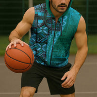 Samoan Pacific Tribal Flower Geometric Art Tattoos Sleeveless Zip Hoodie Siapo Pattern Turquoise Tide - Polynesian Pride