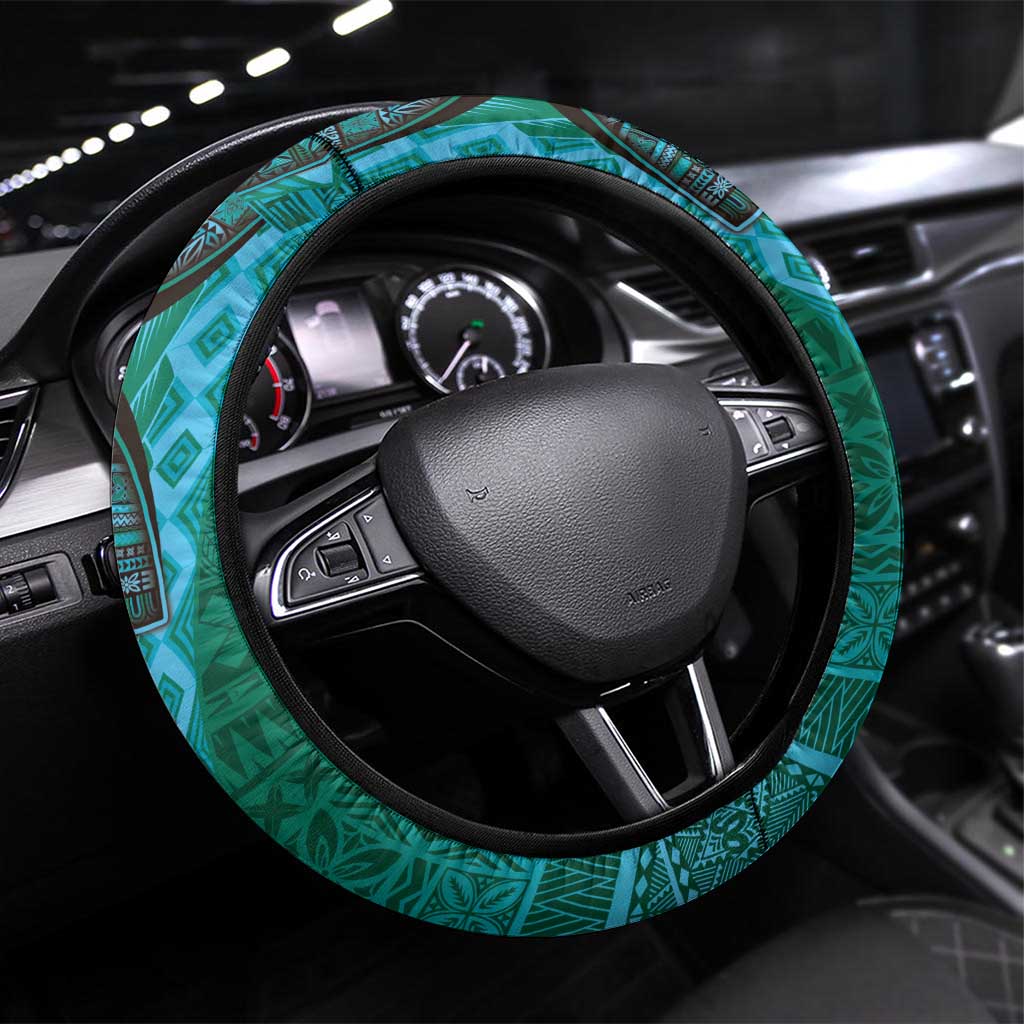 Samoan Pacific Tribal Flower Geometric Art Tattoos Steering Wheel Cover Siapo Pattern Turquoise Tide - Polynesian Pride