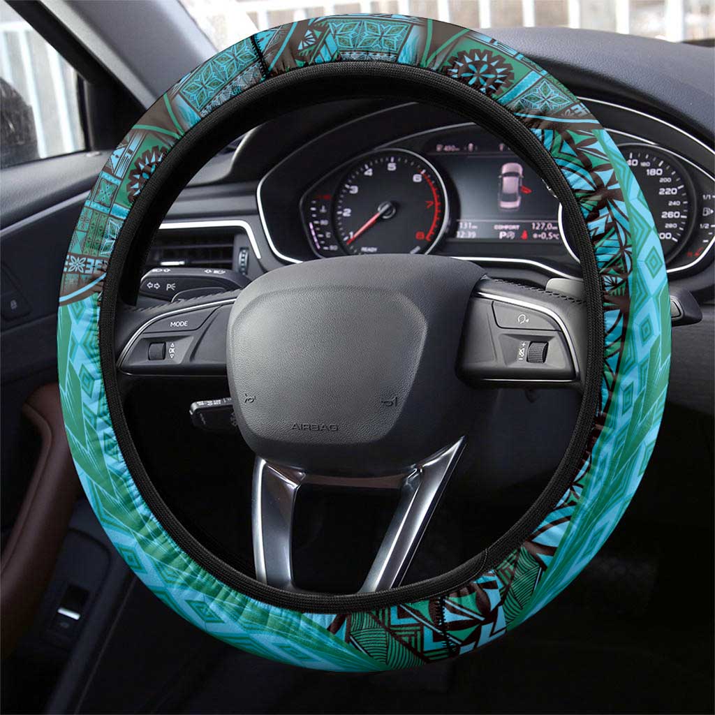 Samoan Pacific Tribal Flower Geometric Art Tattoos Steering Wheel Cover Siapo Pattern Turquoise Tide - Polynesian Pride