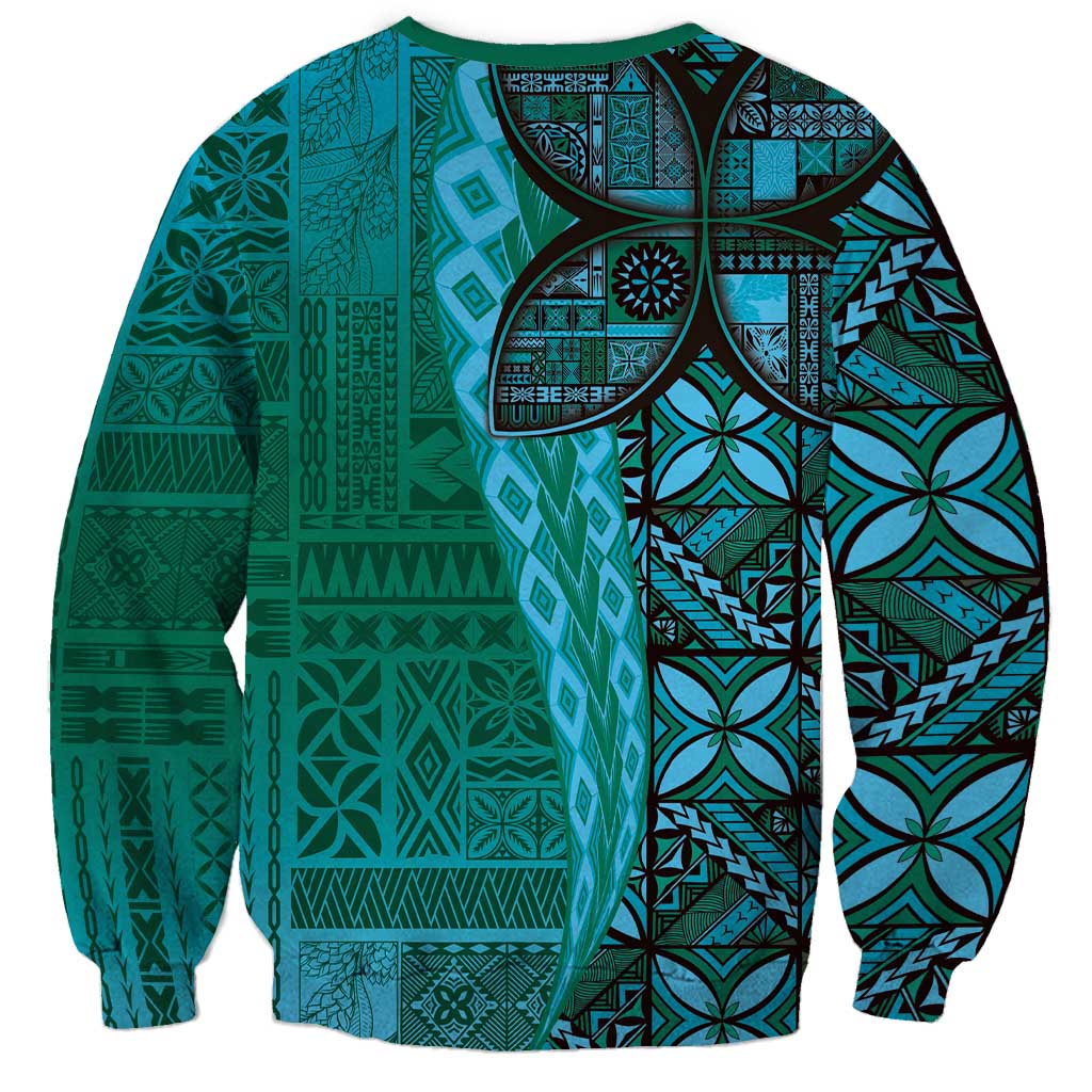 Samoan Pacific Tribal Flower Geometric Art Tattoos Sweatshirt Siapo Pattern Turquoise Tide - Polynesian Pride