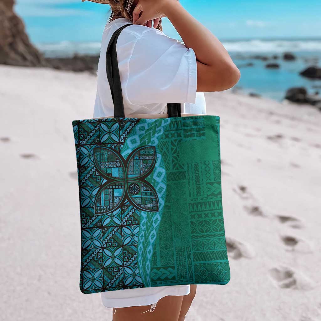 Samoan Pacific Tribal Flower Geometric Art Tattoos Tote Bag Siapo Pattern Turquoise Tide - Polynesian Pride