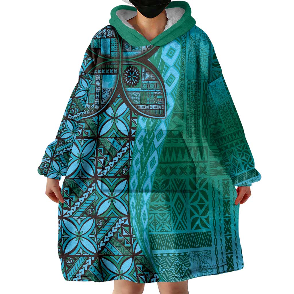 Samoan Pacific Tribal Flower Geometric Art Tattoos Wearable Blanket Hoodie Siapo Pattern Turquoise Tide - Polynesian Pride