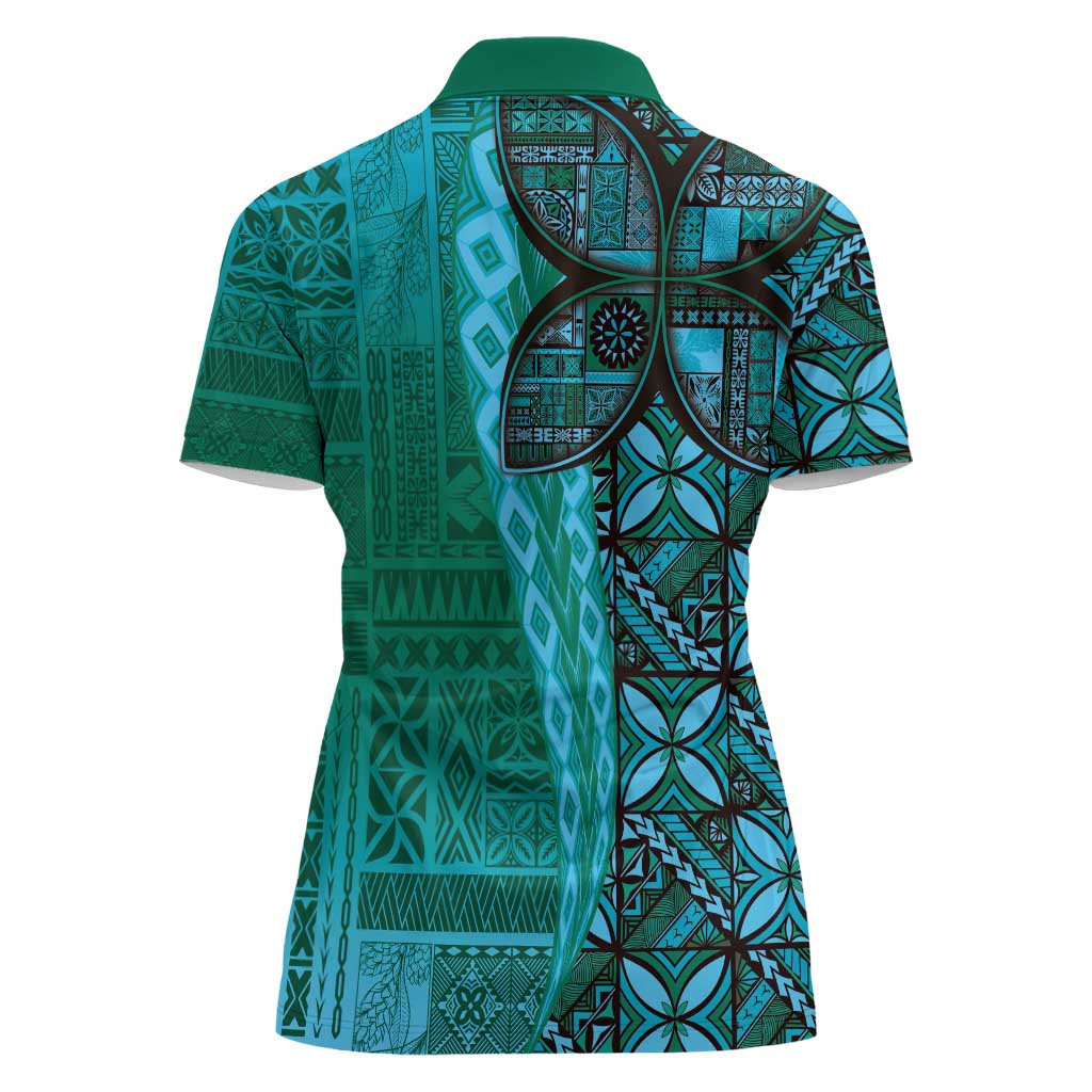 Samoan Pacific Tribal Flower Geometric Art Tattoos Women Polo Shirt Siapo Pattern Turquoise Tide - Polynesian Pride
