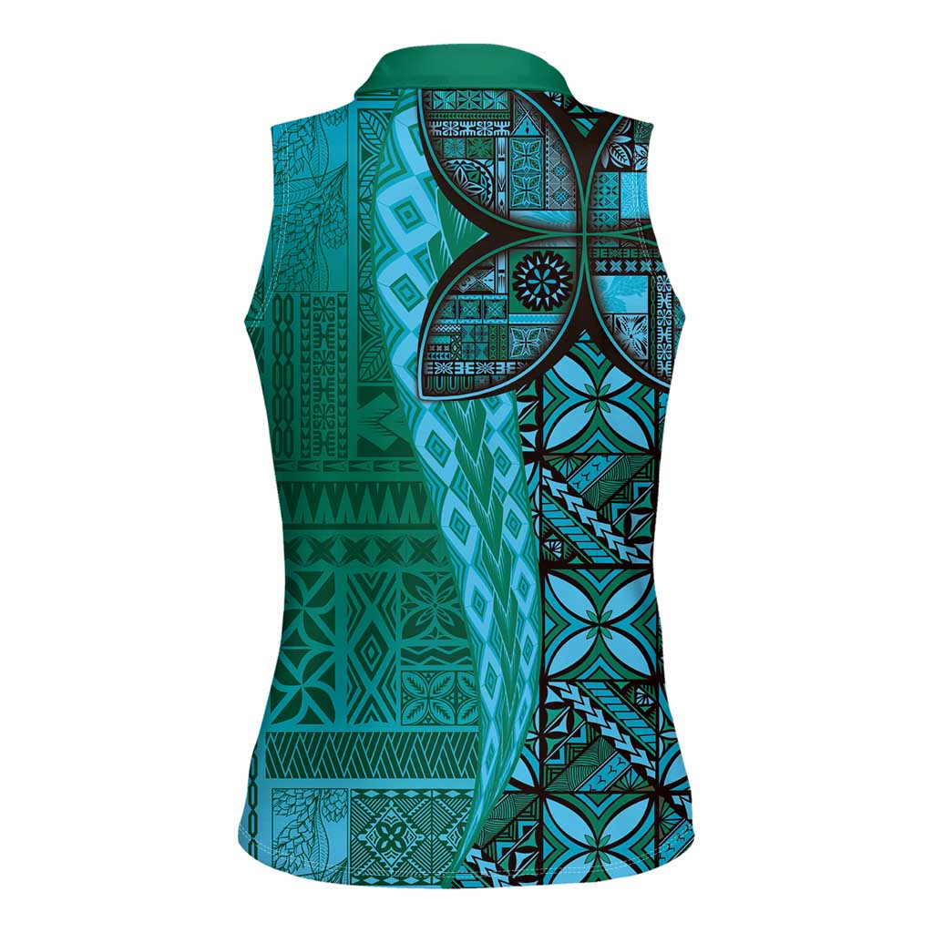 Samoan Pacific Tribal Flower Geometric Art Tattoos Women Sleeveless Polo Shirt Siapo Pattern Turquoise Tide - Polynesian Pride