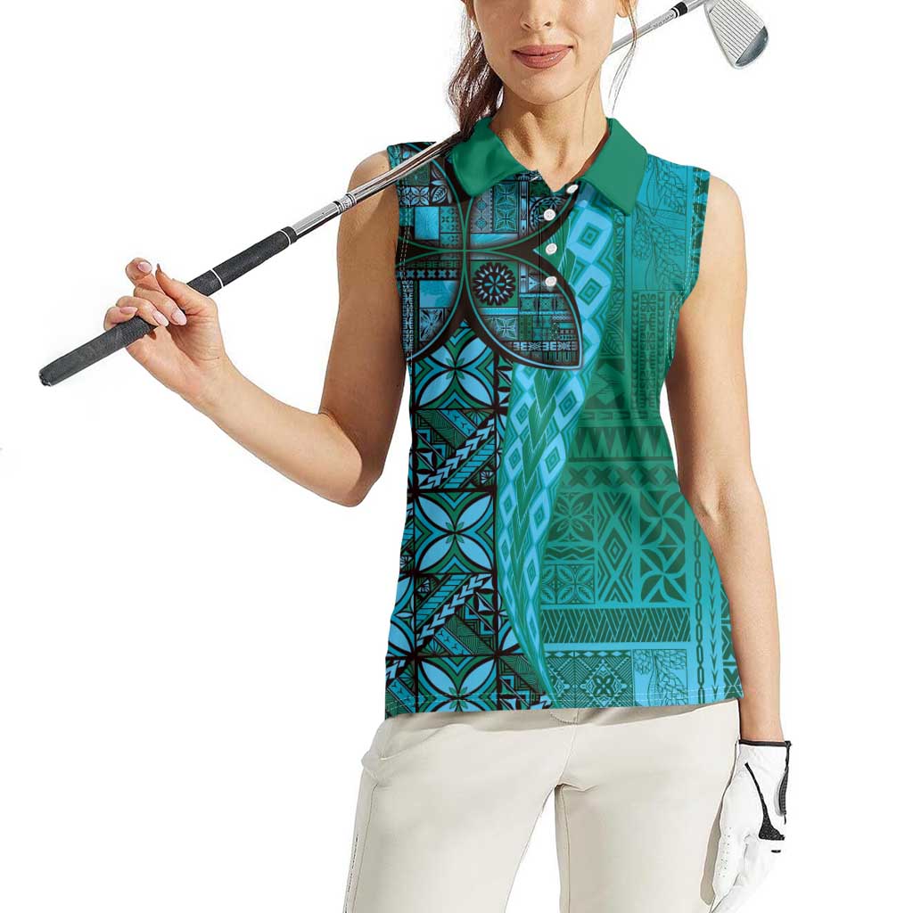 Samoan Pacific Tribal Flower Geometric Art Tattoos Women Sleeveless Polo Shirt Siapo Pattern Turquoise Tide - Polynesian Pride