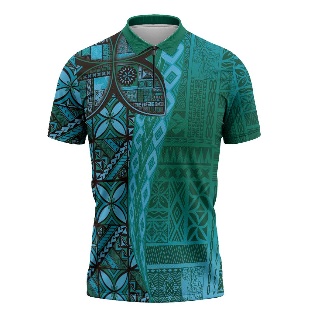Samoan Pacific Tribal Flower Geometric Art Tattoos Zipper Polo Shirt Siapo Pattern Turquoise Tide - Polynesian Pride