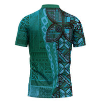 Samoan Pacific Tribal Flower Geometric Art Tattoos Zipper Polo Shirt Siapo Pattern Turquoise Tide - Polynesian Pride