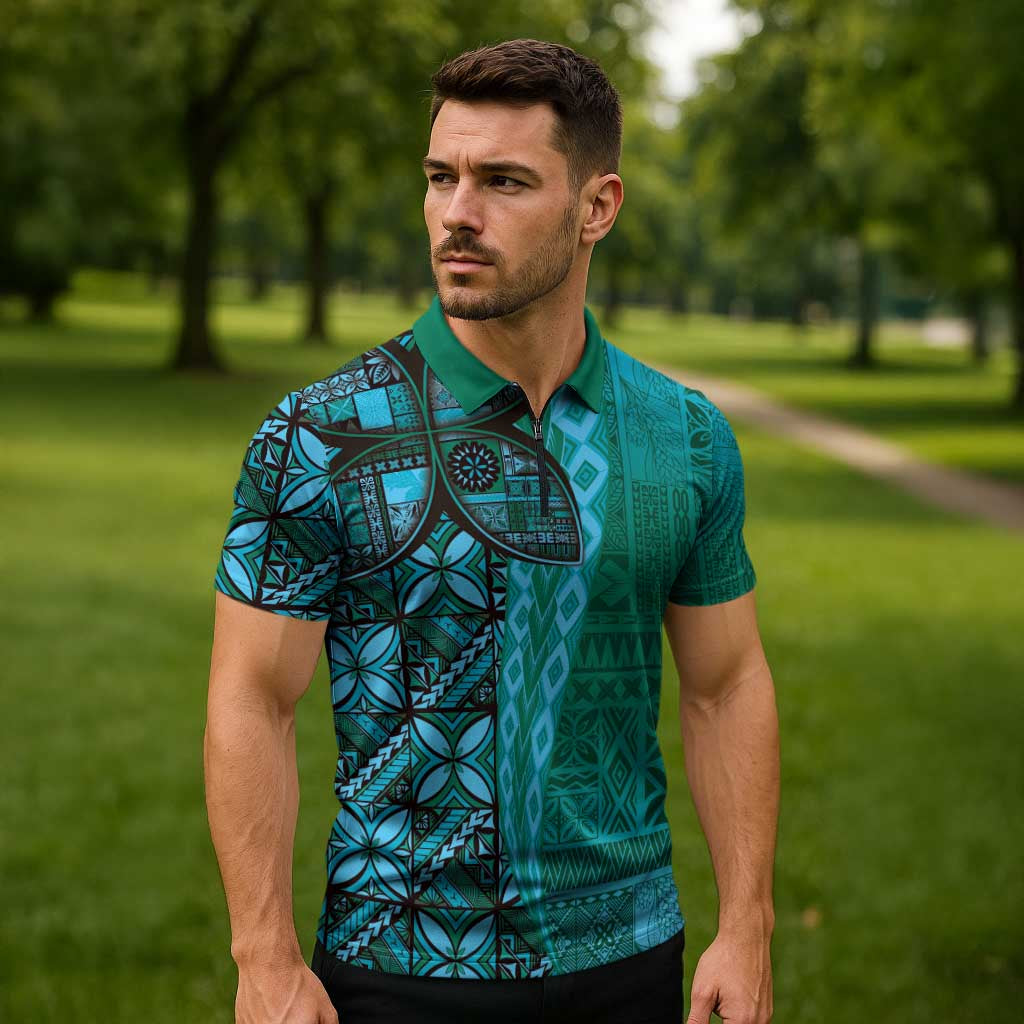 Samoan Pacific Tribal Flower Geometric Art Tattoos Zipper Polo Shirt Siapo Pattern Turquoise Tide - Polynesian Pride