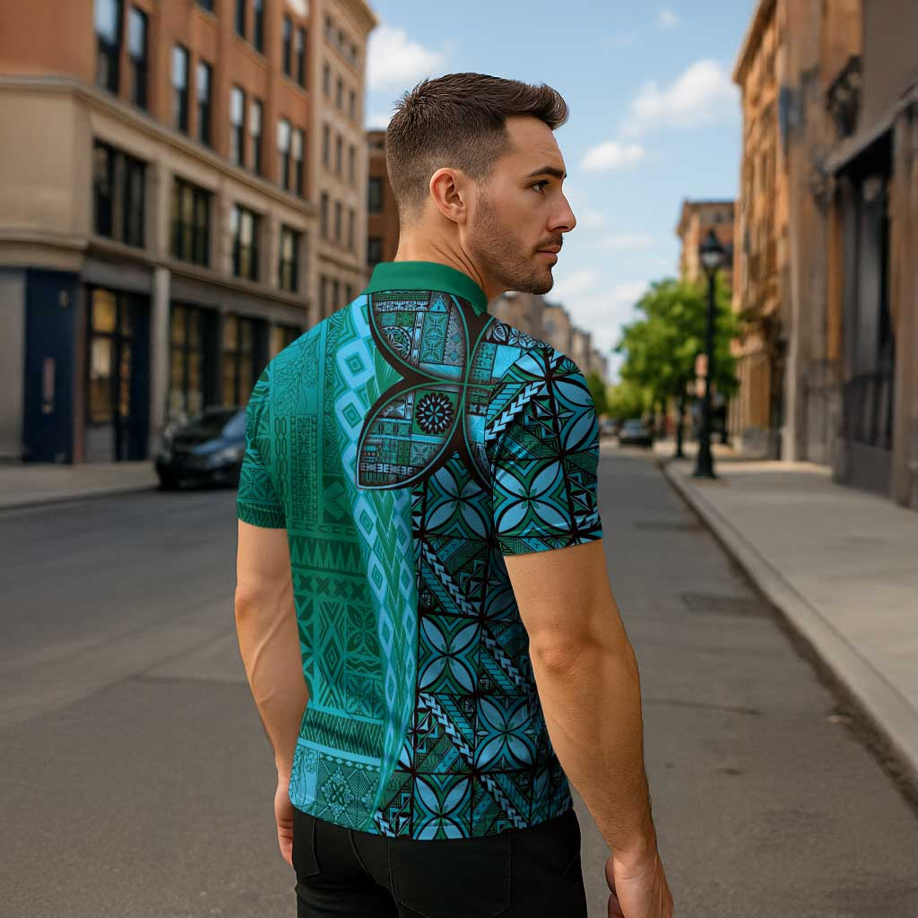 Samoan Pacific Tribal Flower Geometric Art Tattoos Zipper Polo Shirt Siapo Pattern Turquoise Tide - Polynesian Pride