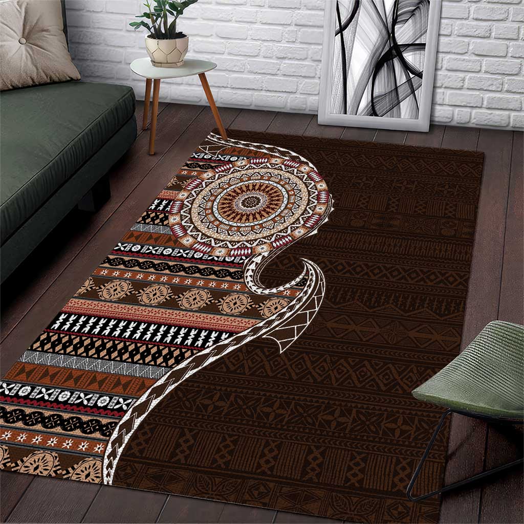 Fijian Masi Tribal Tattoos Art Pattern Area Rug Brown Color Half Style - Polynesian Pride