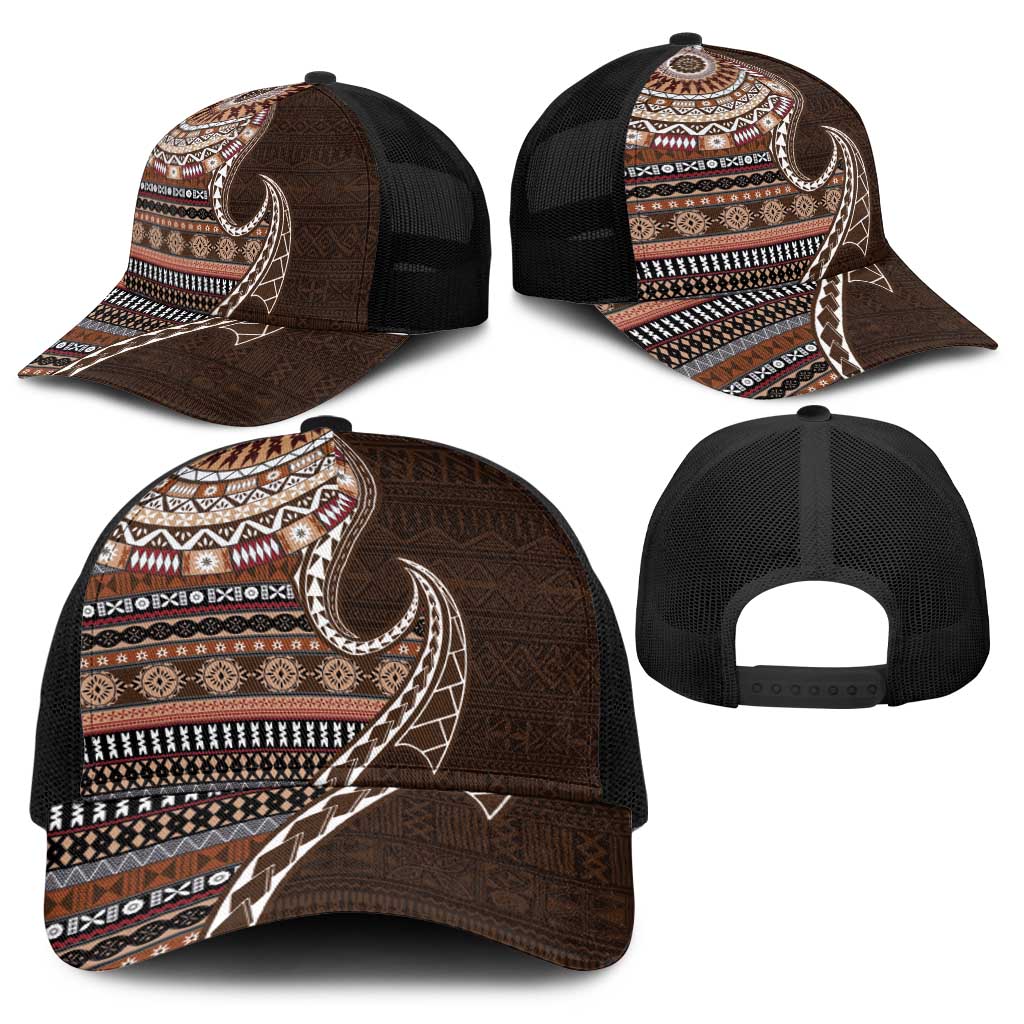 Fijian Masi Tribal Tattoos Art Pattern Baseball Net Cap Brown Color Half Style - Polynesian Pride